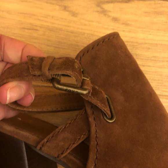 Frye Dani Shield Sling Peep Toe Ankle leather suede cognac tan Booties, 9.5 - Picture 14 of 16